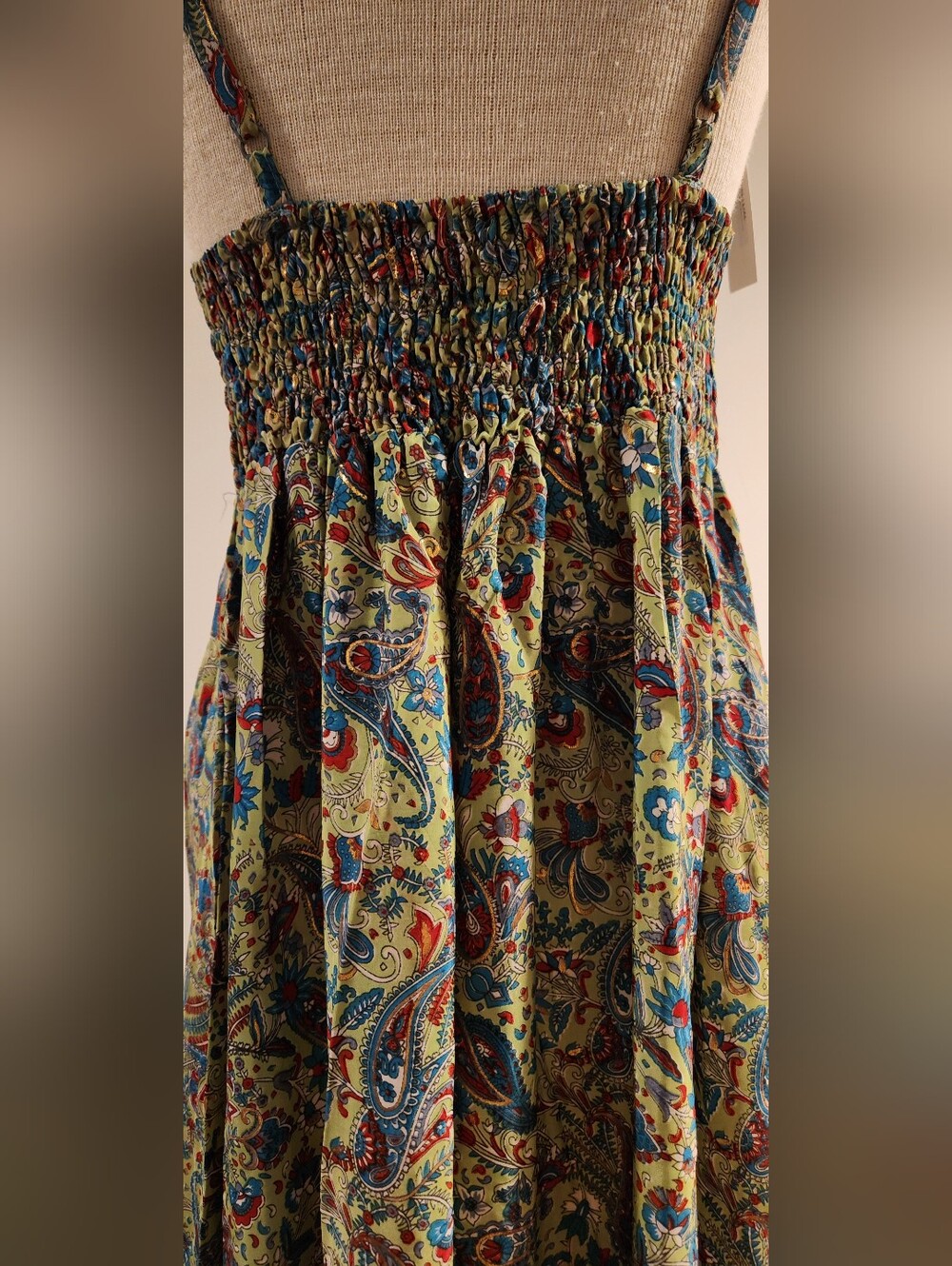 White Waves Green Paisley Tiered Boho Maxi Dress with Red & Blue Accents - Picture 9 of 11